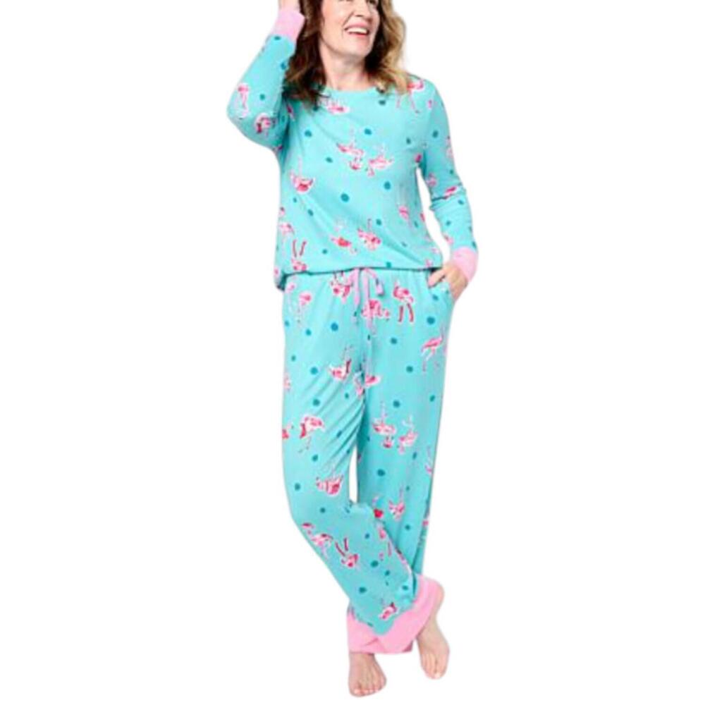 Comfort Code Women's Brushed Ultra 2pc Top/Pant PJ Set Teal Flamingos - Regular